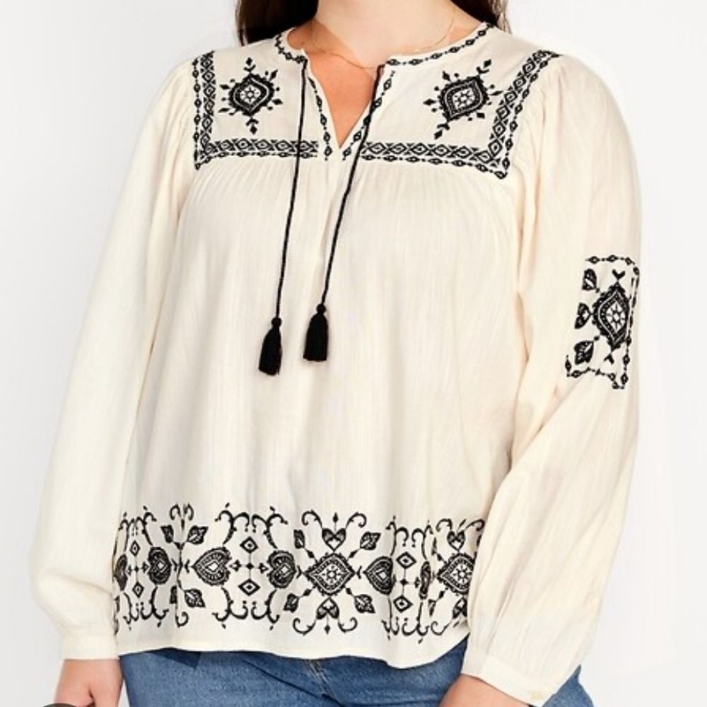 Milkmaid Boho Embroidered Peasant Blouse Tassel